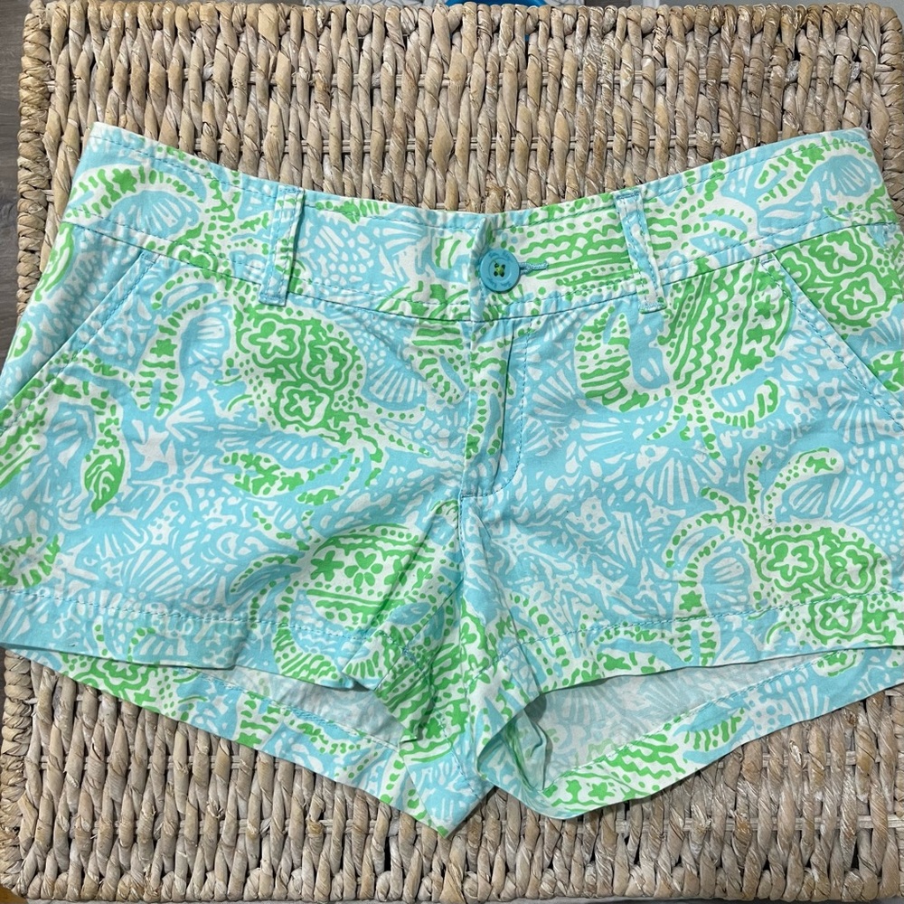 Lilly‎ Pulitzer Get Crackin Crab Print Walsh Shorts Women Size 2 Green Blue.